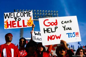 Salt Lake City - . Utah vs. BYU college football Saturday, November 22, 2008 at Rice-Eccles Stadium.  Saturday November 22, 2008. utah fans with welcome to hell signs