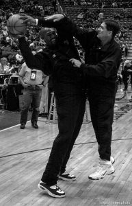 John Stockton and Karl Malone horse around before tipoff at Utah Jazz vs. Los Angeles Clippers.
