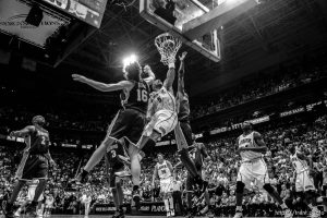 Salt Lake City - Utah Jazz vs. Los Angeles Lakers basketball, game three, NBA playoffs, Thursday April 23, 2009 at EnergySolutions Arena.
Utah Jazz forward Carlos Boozer (5) dunk sequence. Los Angeles Lakers guard Kobe Bryant (24) Utah Jazz forward Paul Millsap (24) Los Angeles Lakers forward Lamar Odom (7) Los Angeles Lakers forward Pau Gasol (16), of Spain, Utah Jazz forward Kyle Korver (26) . This dunk was in the final seconds of the game, putting Jazz up by two