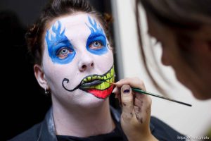 Ashley Moore is made up as a psychotic clown by Whitney Johnson (right) Nightmare Mansion is a brand new haunted house owned by the Castle of Chaos. Nightmare Mansion is home to four levels of fear, each progressively scarier than the last. The first show, Nightmare in 3D, consists of 3D art painted by nationally renowned artist, Stuart Smith. 3D glasses will be provided, this is the only Smith show in Utah. If you dare to go further, the next show takes you deeper into the nightmare and into the basement mortuary, for the Haunted Mansion. The third show, Taken Asylum is a little twisted, the patients are taking over the mental hospital. The last show, The Dungeon is just downright brutal, envision a prison housing only the worst criminal offenders. Saturday, October 3 2009 in Taylorsville.