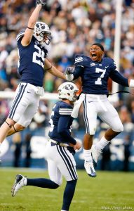 Trent Nelson  |  The Salt Lake Tribune BYU's Luke Ashworth (29) and BYU's Brian Logan (7) celebrate Ashworth's second quarter score. BYU vs. Air Force college football Saturday, November 21 2009.