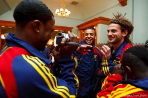 robbie findley, kyle beckerman, rachid el khalifi. Celebration for Real Salt Lake's MLS Cup win Tuesday, November 24 2009.