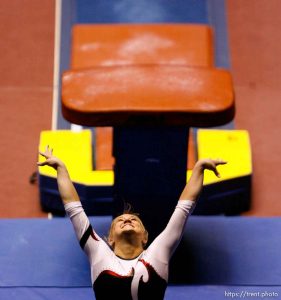 Salt Lake City - Utah's Kyndal Robarts on the vault, Utah vs. BYU college gymnastics Friday, March 26, 2010.