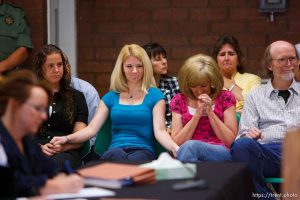 Trent Nelson  |  The Salt Lake Tribune Draper - Family members of Nicolas G. Kirk, a deputy shot by Ronnie Lee Gardner, react as the Utah Board of Pardons and Parole announced their unanimous decision to deny Ronnie Lee Gardner's request for commutation Monday, June 14, 2010. He is scheduled to be executed by firing squad Friday. Left to right, front row, Jamie Stewart (granddaughter), Mandi Hull (granddaughter), Barb Webb (daughter). Left to right, back row, Doug Fawson (director of victim services, department of corrections), Tammie Atkin (victim advocate, Utah Attorney General's Office), Tami Stewart (daughter).