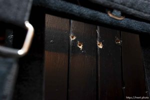 Trent Nelson  |  The Salt Lake Tribune Draper - The execution chamber at the Utah State Prison after Ronnie Lee Gardner was executed by firing squad Friday, June 18, 2010. Four bullet holes are visible in the wood panel behind the chair. Gardner was convicted of aggravated murder, a capital felony, in 1985.