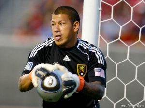 Trent Nelson  |  The Salt Lake Tribune Real goalkeeper Nick Rimando pulls in the ball. Real Salt Lake vs. Columbus Crew, MLS soccer at Rio Tintio Stadium in Sandy, Saturday, August 14, 2010.