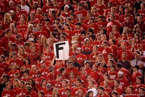 Trent Nelson  |  The Salt Lake Tribune University of Utah defeats Pitt 27-24 in overtime, college football, Thursday, September 2, 2010 at Rice-Eccles Stadium in Salt Lake City. f sign, muss fans