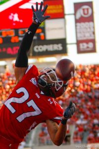 Trent Nelson  |  The Salt Lake Tribune Utah's Brandon Burton (27) defending Pitt's Jon Baldwin (82). University of Utah vs. Pitt, college football, Thursday, September 2, 2010 at Rice-Eccles Stadium in Salt Lake City.