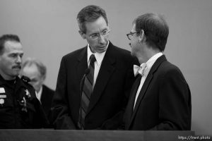 Trent Nelson  |  The Salt Lake Tribune Warren Jeffs, leader of the FLDS Church, appeared before Judge Terry Christiansen in Third District Court  Tuesday, September 7, 2010 in West Jordan, Utah. At right is his attorney Walter Bugden.