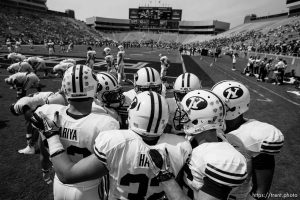 Trent Nelson  |  The Salt Lake Tribune
pre-game huddle, BYU vs. Florida State, college football Saturday, September 18, 2010 at Doak Campbell Stadium in Tallahassee, Florida.