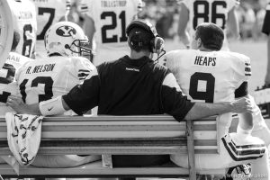 Trent Nelson  |  The Salt Lake Tribune BYU quarterback Riley Nelson (13), quarterbacks coach Brandon Doman, BYU quarterback Jake Heaps (9)  in the second quarter, BYU vs. Florida State, college football Saturday, September 18, 2010 at Doak Campbell Stadium in Tallahassee, Florida.