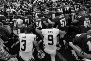 Trent Nelson  |  The Salt Lake Tribune BYU quarterback James Lark (3) and BYU quarterback Jake Heaps (9) join a prayer circle following the game, BYU vs. Florida State, college football Saturday, September 18, 2010 at Doak Campbell Stadium in Tallahassee, Florida.