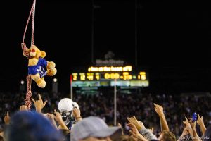 Trent Nelson  |  The Salt Lake Tribune cougar Cosmo in a noose, Utah State vs. BYU college football in Logan Friday, October 1, 2010.