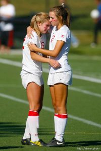 Trent Nelson  |  The Salt Lake Tribune East's Audrey Gibb (left) and Sarah Mecham after Bonneville defeated East high school 1-0, 4A girls' soccer state championships semifinals at Juan Diego High School Tuesday, October 19, 2010
