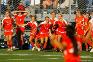 Trent Nelson  |  The Salt Lake Tribune Brighton players run onto the field after defeating Davis high school 3-0 at the 5A girls' soccer state championships semifinals at Juan Diego High School Tuesday, October 19, 2010. Brighton's Stephanie Verdoia (24)