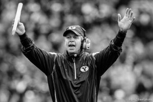 Trent Nelson  |  The Salt Lake Tribune BYU coach Bronco Mendenhall during the second half, BYU vs. Wyoming, college football Saturday, October 23, 2010 at LaVell Edwards Stadium in Provo. BYU won 25-20.