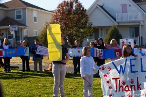 Trent Nelson  |  The Salt Lake Tribune SFC Mike Jones, Utah National Guard, was welcomed home to Eagle Mountain by family, friends and neighbors who lined the streets of Eagle Mountain Friday, November 12, 2010. On his fourth deployment, Jones was injured in Afghanistan in September.