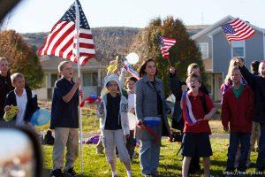 Trent Nelson  |  The Salt Lake Tribune SFC Mike Jones, Utah National Guard, was welcomed home to Eagle Mountain by family, friends and neighbors who lined the streets of Eagle Mountain Friday, November 12, 2010. On his fourth deployment, Jones was injured in Afghanistan in September.