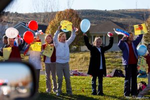 Trent Nelson  |  The Salt Lake Tribune SFC Mike Jones, Utah National Guard, was welcomed home to Eagle Mountain by family, friends and neighbors who lined the streets of Eagle Mountain Friday, November 12, 2010. On his fourth deployment, Jones was injured in Afghanistan in September.