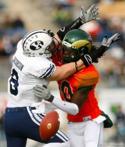 Trent Nelson  |  The Salt Lake Tribune Colorado State's Shaq Bell was called for pass interference on BYU receiver McKay Jacobson (6), during the first half. BYU vs. Colorado State, college football, Saturday, November 13, 2010.
