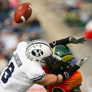 Trent Nelson  |  The Salt Lake Tribune Colorado State's Shaq Bell was called for pass interference on BYU receiver McKay Jacobson (6), during the first half. BYU vs. Colorado State, college football, Saturday, November 13, 2010.