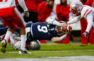Trent Nelson  |  The Salt Lake Tribune
BYU quarterback Jake Heaps (9) dives for a first down, and nearly a touchdown during the first half,  BYU vs. New Mexico, Saturday, November 20, 2010.