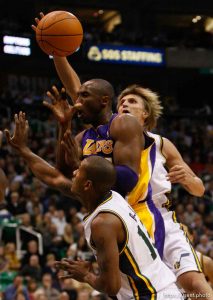 Trent Nelson  |  The Salt Lake Tribune
Utah Jazz forward Andrei Kirilenko (47) and Utah Jazz guard Raja Bell (19) knock the ball away from Los Angeles Lakers guard Kobe Bryant (24). Utah Jazz vs. Los Angeles Lakers, NBA basketball Friday, November 26, 2010 at EnergySolutions Arena.