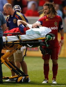 Trent Nelson  |  The Salt Lake Tribune Real Salt Lake's Kyle Beckerman offers a hand of support to injured teammate Javier Morales. Real Salt Lake vs. Chivas US, MLS Soccer at Rio Tinto Stadium in Sandy, Utah, Saturday, May 7, 2011.