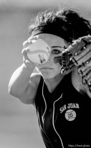 Trent Nelson  |  The Salt Lake Tribune
San Juan pitcher Abby Bayles in action as San Juan defeats Grand County High School 3-1 in 2A girls softball, in Spanish Fork, Utah, Friday, May 13, 2011.