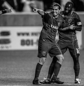 Trent Nelson  |  The Salt Lake Tribune RSL's Fabian Espindola, left, celebrates his late goal with teammate Jean Alexandre. Real Salt Lake vs. FC Dallas at Rio Tinto Stadium in Sandy, Utah, Saturday, July 9, 2011