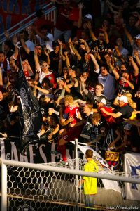 Trent Nelson  |  The Salt Lake Tribune
Real Salt Lake's Nat Borchers celebrates his first half goal by leaping into a crowd of fans in the Salt City United section. Real Salt Lake vs. New York Red Bulls at Rio Tinto Stadium in Sandy, Utah. Saturday, August 6, 2011.