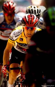 Trent Nelson  |  The Salt Lake Tribune Race leader Levi Leipheimer (in the yellow jersey) powers up State Street toward the state capitol building during Stage 4 of the Tour of Utah in Salt Lake City, Utah, Saturday, August 13, 2011.