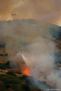 Trent Nelson  |  The Salt Lake Tribune Helicopter water drop. A smoky fire burns near homes in Draper, Utah, Saturday, August 13, 2011.