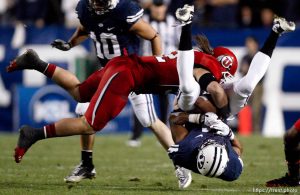 Trent Nelson  |  The Salt Lake Tribune
BYU vs. Utah college football at LaVell Edwards Stadium in Provo, Utah, Saturday, September 17, 2011. ;u4; ;u32; tackles ;y11;