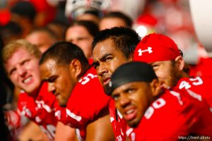 Trent Nelson  |  The Salt Lake Tribune Utah players on the sideline as Arizona State takes a 27-14 lead in  the second half, Utah vs. Arizona State, college football at Rice-Eccles Stadium in Salt Lake City, Utah, Saturday, October 8, 2011. Left to right, Joe Kruger, Star Lotulelei, James Aiono, Derrick Shelby, Trevor Reilly.
