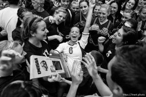 Trent Nelson  |  The Salt Lake Tribune
Morgan takes the 3A state high school volleyball championship, defeating Snow Canyon 3-0 at Utah Valley University in Orem, UT on Friday, October 28, 2011. Jaesee Dye in white shirt