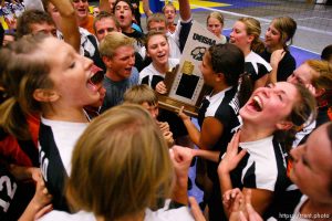 Trent Nelson  |  The Salt Lake Tribune Monticello players celebrate their win over Rich for the 1A high school volleyball State Championship at Utah Valley University in Orem, UT on Saturday, October 29, 2011.