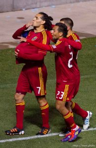 Real Salt Lake's Fabian Espindola (7) puts the ball under his shirt and blows a kiss to his pregnant wife after scoring a first half goal. Real Salt Lake vs. New York Red Bulls, MLS Soccer Saturday, March 17, 2012 at Rio Tinto Stadium in Sandy, Utah.