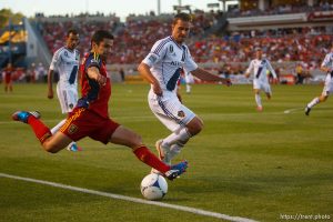 Trent Nelson  |  The Salt Lake Tribune RSL's Tony Beltran takes a shot as Real Salt Lake hosts the L.A. Galaxy, MLS Soccer at Rio Tinto Stadium Wednesday, June 20, 2012 in Salt Lake City, Utah.