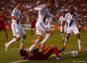Trent Nelson  |  The Salt Lake Tribune LA's David Beckham leaps over RSL's Javier Morales as Real Salt Lake hosts the L.A. Galaxy, MLS Soccer at Rio Tinto Stadium Wednesday, June 20, 2012 in Salt Lake City, Utah.