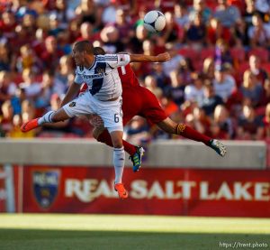 Trent Nelson  |  The Salt Lake Tribune LA's Bryan Jordan and RSL's Chris Wingert leap for the ball as Real Salt Lake hosts the L.A. Galaxy, MLS Soccer at Rio Tinto Stadium Wednesday, June 20, 2012 in Salt Lake City, Utah.