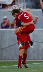 Trent Nelson  |  The Salt Lake Tribune RSL's Kyle Beckerman, right, and Fabian Espindola celebrate Beckerman's first half goal as Real Salt Lake hosts the L.A. Galaxy, MLS Soccer at Rio Tinto Stadium Wednesday, June 20, 2012 in Salt Lake City, Utah.