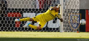 Trent Nelson  |  The Salt Lake Tribune RSL goalkeeper Nick Rimando leaps for a save as Real Salt Lake hosts the L.A. Galaxy, MLS Soccer at Rio Tinto Stadium Wednesday, June 20, 2012 in Salt Lake City, Utah.