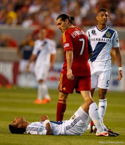 Trent Nelson  |  The Salt Lake Tribune RSL's Fabian Espindola looks down at LA's A.J. DeLaGarza late in the second half as Real Salt Lake hosts the L.A. Galaxy, MLS Soccer at Rio Tinto Stadium Wednesday, June 20, 2012 in Salt Lake City, Utah.