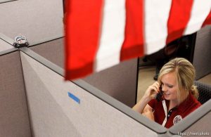 Trent Nelson  |  The Salt Lake Tribune Romney campaign volunteer Kylie Cobb makes a call on behalf of Presidential candidate Mitt Romney at a call center in Orem, Utah on Thursday, July 19, 2012.