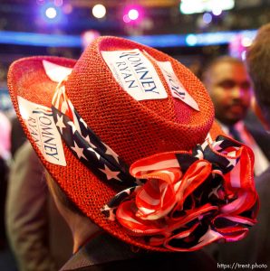 Trent Nelson  |  The Salt Lake Tribune
A custom Romney/Ryan hat on a delgate on the first day of the Republican National Convention in Tampa, Florida, Tuesday, August 28, 2012.