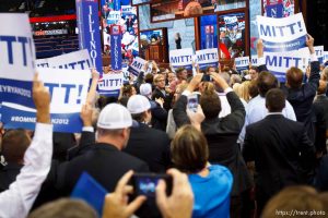 Trent Nelson  |  The Salt Lake Tribune Delegates cheer as Mitt Romney gets enough votes for the nomination on the first day of the Republican National Convention in Tampa, Florida, Tuesday, August 28, 2012.