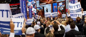 Trent Nelson  |  The Salt Lake Tribune Delegates cheer as Mitt Romney gets enough votes for the nomination on the first day of the Republican National Convention in Tampa, Florida, Tuesday, August 28, 2012.