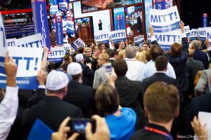 Trent Nelson  |  The Salt Lake Tribune Delegates cheer as Mitt Romney gets enough votes for the nomination on the first day of the Republican National Convention in Tampa, Florida, Tuesday, August 28, 2012.