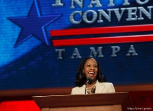 Trent Nelson  |  The Salt Lake Tribune Utah congressional candidate Mia Love speaks on the first day of the Republican National Convention in Tampa, Florida, Tuesday, August 28, 2012.